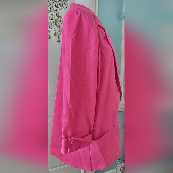 Vintage 80's Oversized Blazer Women's 14 Pink Cropped Sleeve Linen Like w/ Pocke - Picture 4 of 12